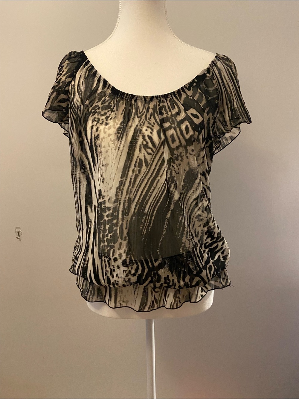 Sheer Animal-Print Blouse in Black and Cream